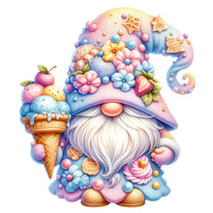 Cute Ice Cream Gnome Clipart | Whimsical Summer IllustrationFestive Gnome Clipart with Ice Cream Cone | Fun Cartoon CharacterSweet Ice Cream Gnome Cartoon Clipart on a white isolated background.	