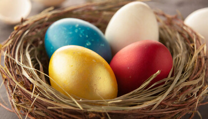 Fototapeta na wymiar Close up of colorful Easter eggs in nest, religious holiday celebration