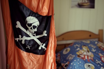 pirate flag draped over childs bedpost