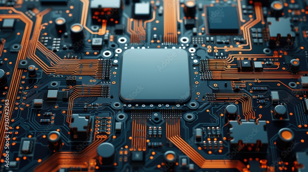 Poster 3d rendering of an assembled circuit board with electronic components, view from above, color scheme