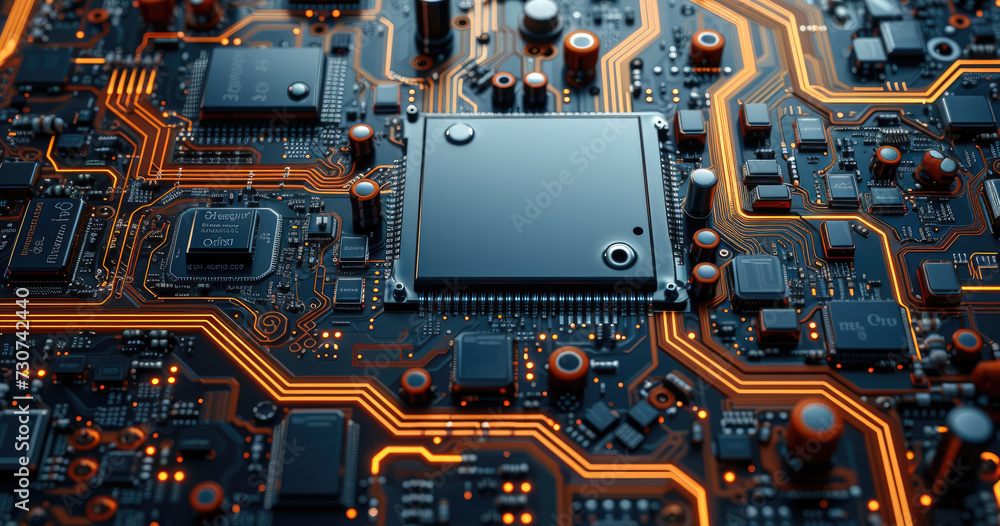 Leinwandbilder 3d rendering of an assembled circuit board with electronic components, view from above, color scheme
