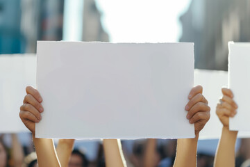 Protesters marching in the street holding white banner with copy space - obrazy, fototapety, plakaty