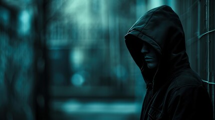 Solitary figure shrouded in a hoodie stands in the shadows of an urban alley, creating a compelling narrative of isolation or urban anonymity, fitting for thematic campaigns or dramatic storytelling