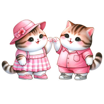 Two cute cats watercolor doing high five on valentine's day.