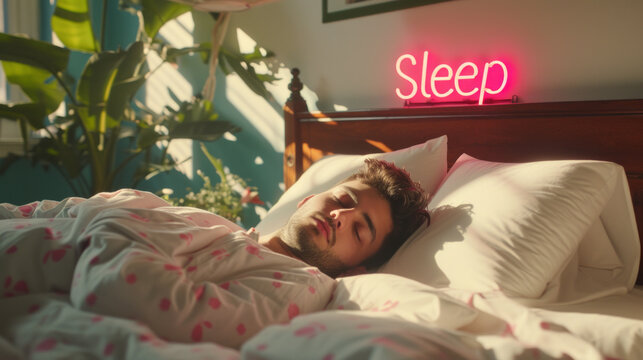 Sleep concept image with a man sleeping in a bed with message Sleep