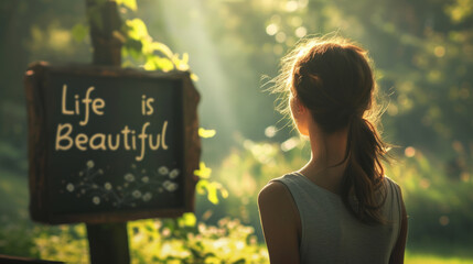 Life is Beautiful concept image with back of a peaceful woman in middle of nature and message Life is Beautiful