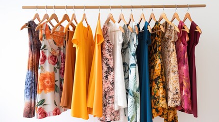 Bright and chic summer dresses selection on hangers, exhibiting a contemporary fashion sense, ideal for retail and boutique marketing, lifestyle-oriented style, no specific area for text included.
