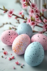 Naklejka na ściany i meble Easter card with colorful eggs in light colors, festive mood, Easter concept. Generative AI.