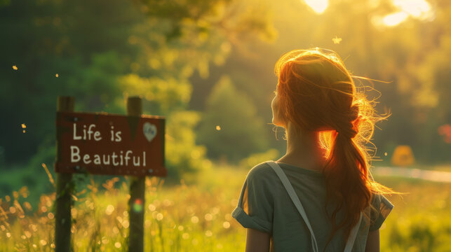 Life is Beautiful concept image with back of a peaceful woman in middle of nature and message Life is Beautiful