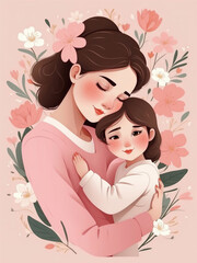 mother and daughter hugging simple cute illustration in pink floral for Mother's day Card Design