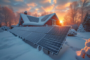 Challenges of Solar Energy in Winter: Diminished Sunlight Affecting Efficiency of Snow Covered Solar Panels against a Backdrop of Leafless Trees 