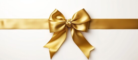A gold ribbon with a bow, representing a fashion accessory, is tied in a triangle shape with symmetry. It has a white background.