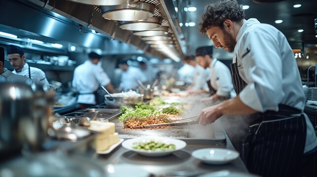 Busy restaurant kitchen, chefs at work in foreground, include kitchen porter and waiting staff in the background. Generative AI.