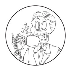 coloring illustration of skeleton in a suit drinking coffee