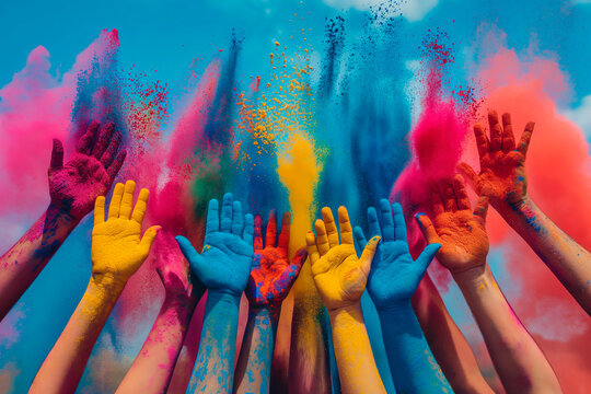 hands with holi powder for Hindu spring festival of colours