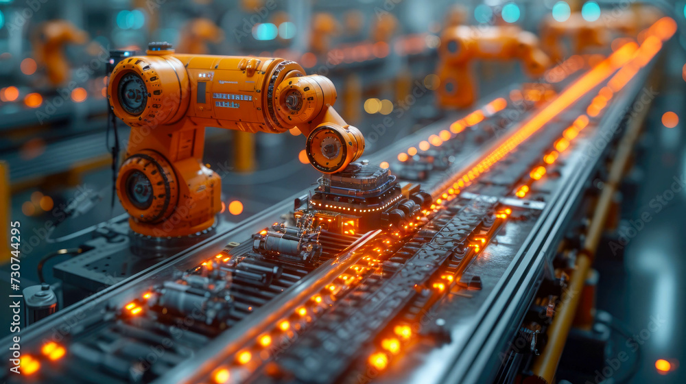 Poster industrial robot arms working in factory production line. concept of artificial intelligence for ind