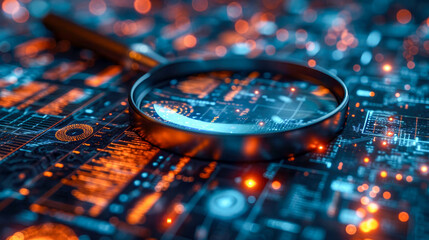 Close-up of a magnifying glass on a printed circuit board