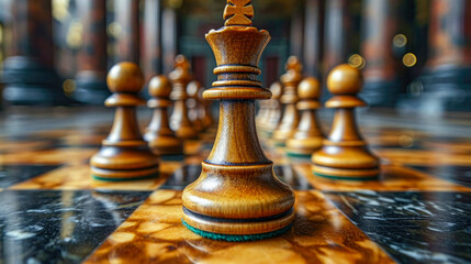 Wooden chess pieces on a chessboard, close-up