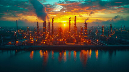 Oil refinery and petrochemical plant at sunset - obrazy, fototapety, plakaty