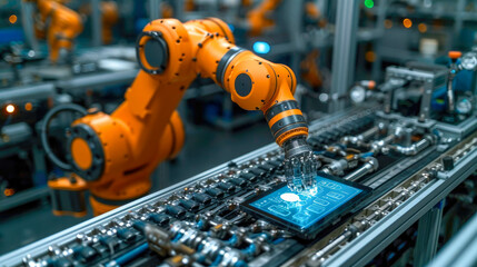 Industrial robot arms working in factory production line. Concept of artificial intelligence for industrial revolution and automation manufacturing process