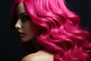Pink hair close-up. Women's long pink hair. Beautiful styling of wavy shiny curls. Hair coloring. Generated by artificial intelligence