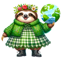 Obraz premium Baby sloth on Earthday watercolor. Cute sloth animal carry green earth illustration. Go green day. 