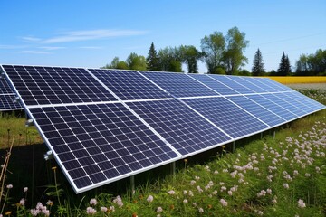 solar panels amid blooming farm fields in daylight