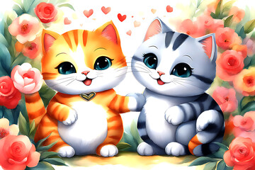 illustration design watercolor art couple cute cat 