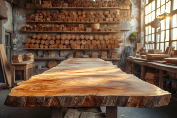Fototapeta na wymiar Bright creative wood working craft room. Wood curing protective sheet on table