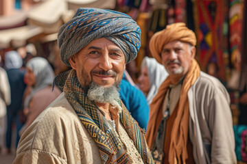 Traditional attire on men in bustling market setting. Cultural diversity.