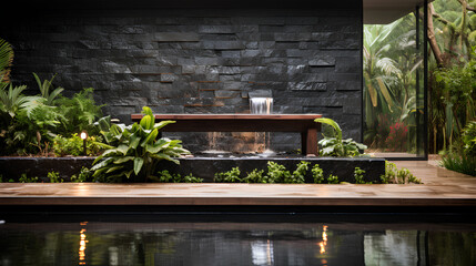 Fototapeta premium Illustration of water garden decoration in modern home. Surrounded by lush greenery represent the nature that is brought to the modern home. It can be an inspiration for designing a garden landscape.