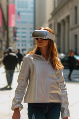 Obraz premium A girl wearing virtual reality glasses walks around the city. New technologies concept