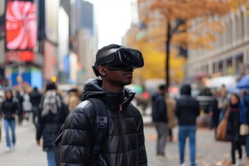 A man wearing virtual reality glasses walks around the city. New technologies concept.