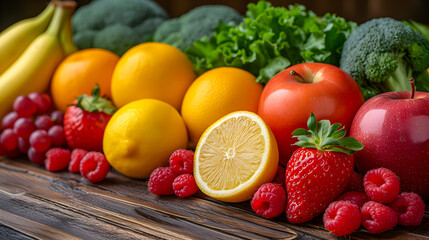 Bright, colorful selection of citrus fruits, berries, and leafy greens arranged on rustic wood.
