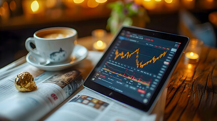 Digital tablet displaying stock market trends alongside a cup of coffee and a newspaper, in a cozy indoor setting.
