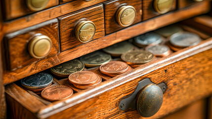 Open antique cash register drawer filled with assorted coins, representing traditional commerce.
