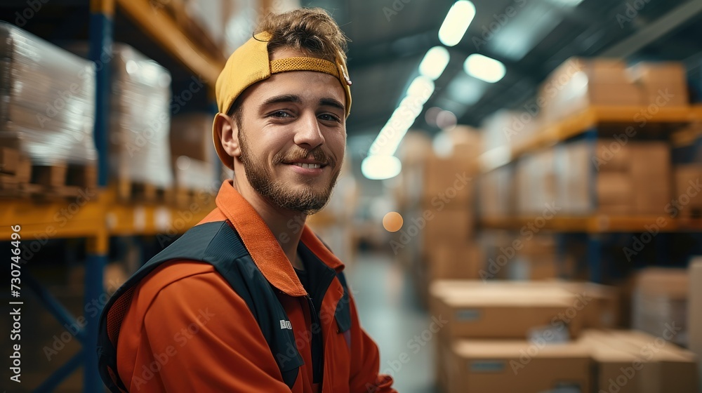 Poster a young handsome workers working at post delivery service warehouse filled with cardboard boxes and 