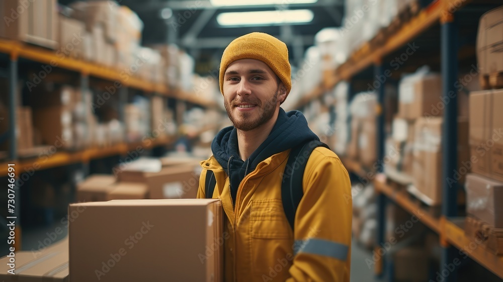 Poster a young handsome workers working at post delivery service warehouse filled with cardboard boxes and 