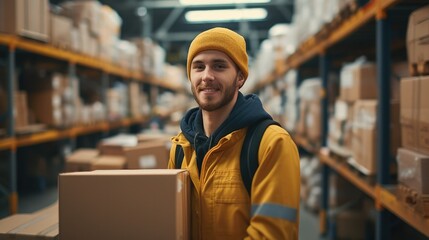 A young handsome workers working at post delivery service warehouse filled with cardboard boxes and packages packets. Generative AI.