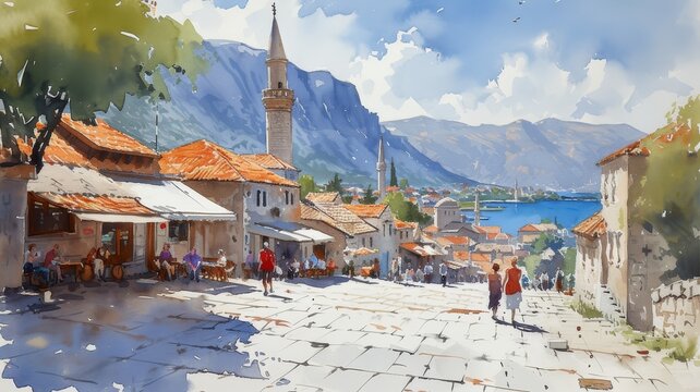 Fototapeta Watercolor painting of small Balkan town