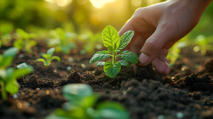 A hand nurturing a young seedling in soil, backlit by warm sunset light.
