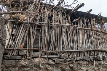 Village country house walls made of stones and dried wood. House walls in the village of Turtuk in  Ladakh,India