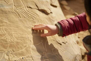 tourist tracing fingers on ancient desert rock carvings