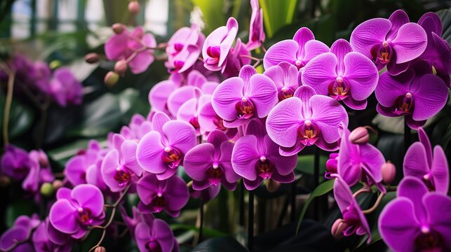 Beautiful pink purple Orchid and green leaves background in the garden, generative ai