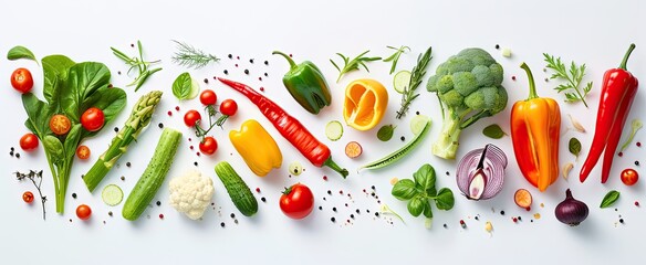 Vegetables and fruits elegantly arranged on white background creating vibrant tapestry of healthy organic produce assortment showcases variety and richness of vegetarian and vegan diets