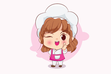 Cute chef girl cartoon art with pink color illustration