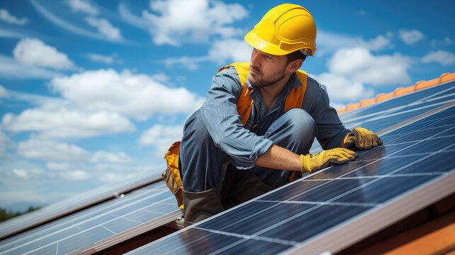 Industrial worker solar system installation, Man worker installing solar photovoltaic panels on roof, alternative energy concept. Generative AI.