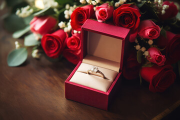 Photo of engagement ring in an open velvet gift box beside a bouquet of roses, set on a rustic wooden table