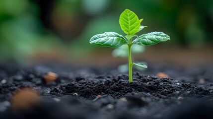 Single young plant growing in rich soil depicting new life, growth, and agriculture.
