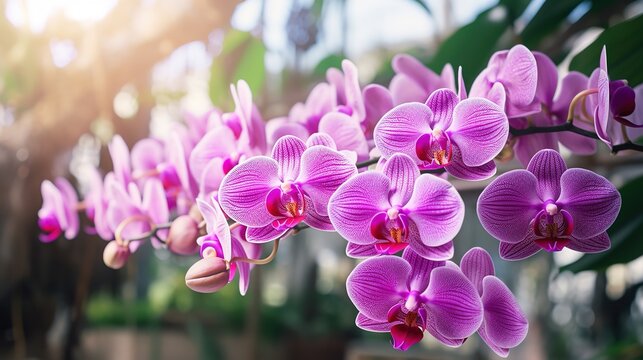 Beautiful pink purple Orchid and green leaves background in the garden, generative ai